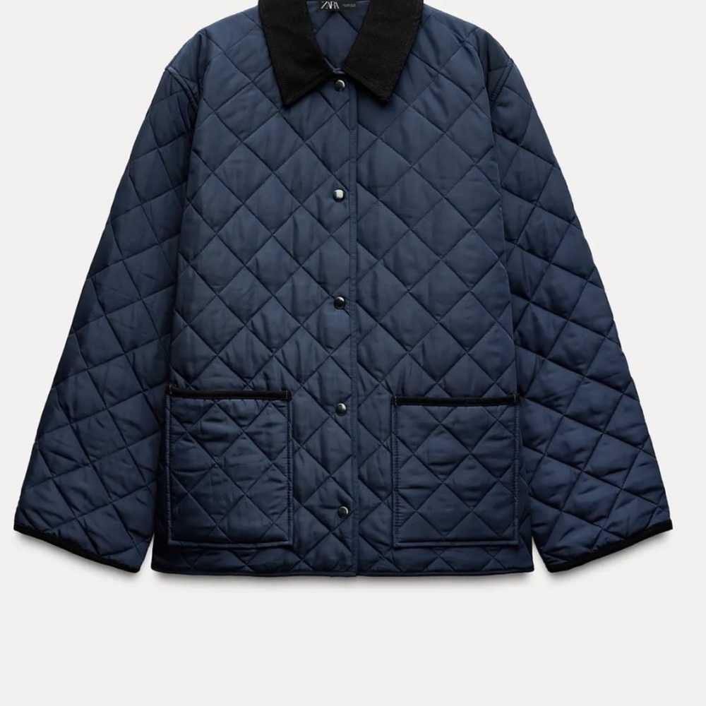 Zara Navy Quilted Puffer Jacket with Black Collar